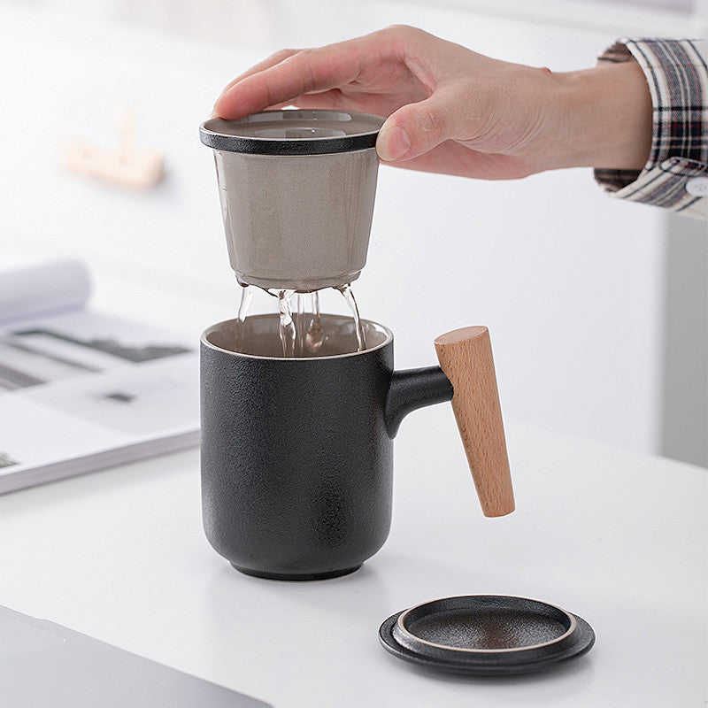 Ceramic Brewing Cup (with lid and ergonomic wood handle)